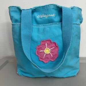 Life is Good Tote Purse Small Blue Canvas Flower Boho Girlhoodcore Beachy Resort